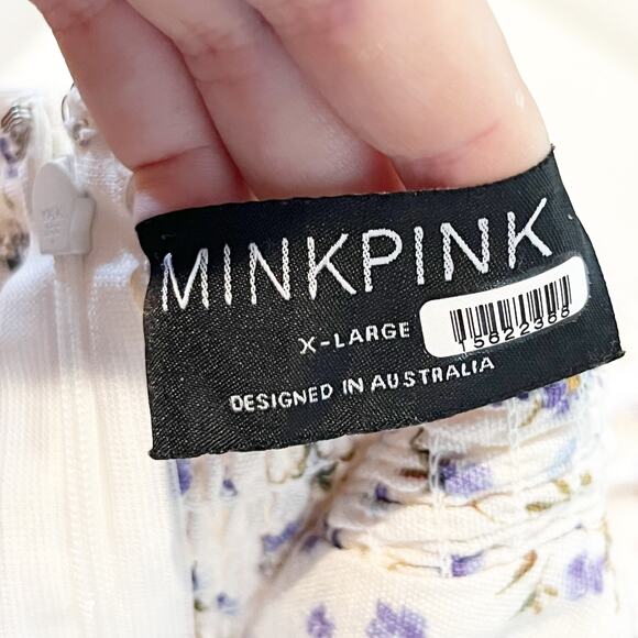 MINKPINK Hailey Floral Puff Sleeve Cutout Midi Dress White Purple XL - Picture 2 of 16